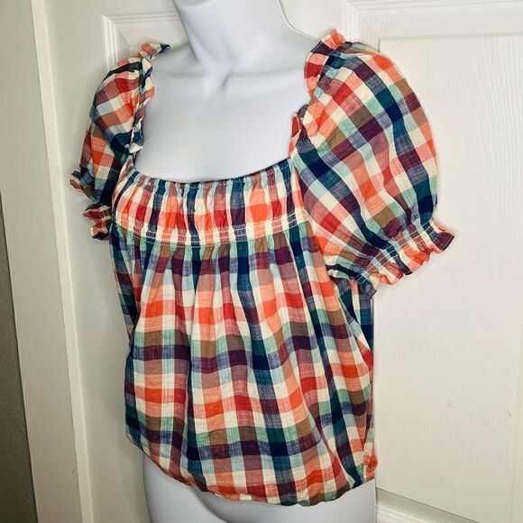 JCrew Smocked Cotton Crop Top Summer Madras Plaid Checkered Orange Blue S - Picture 7 of 11